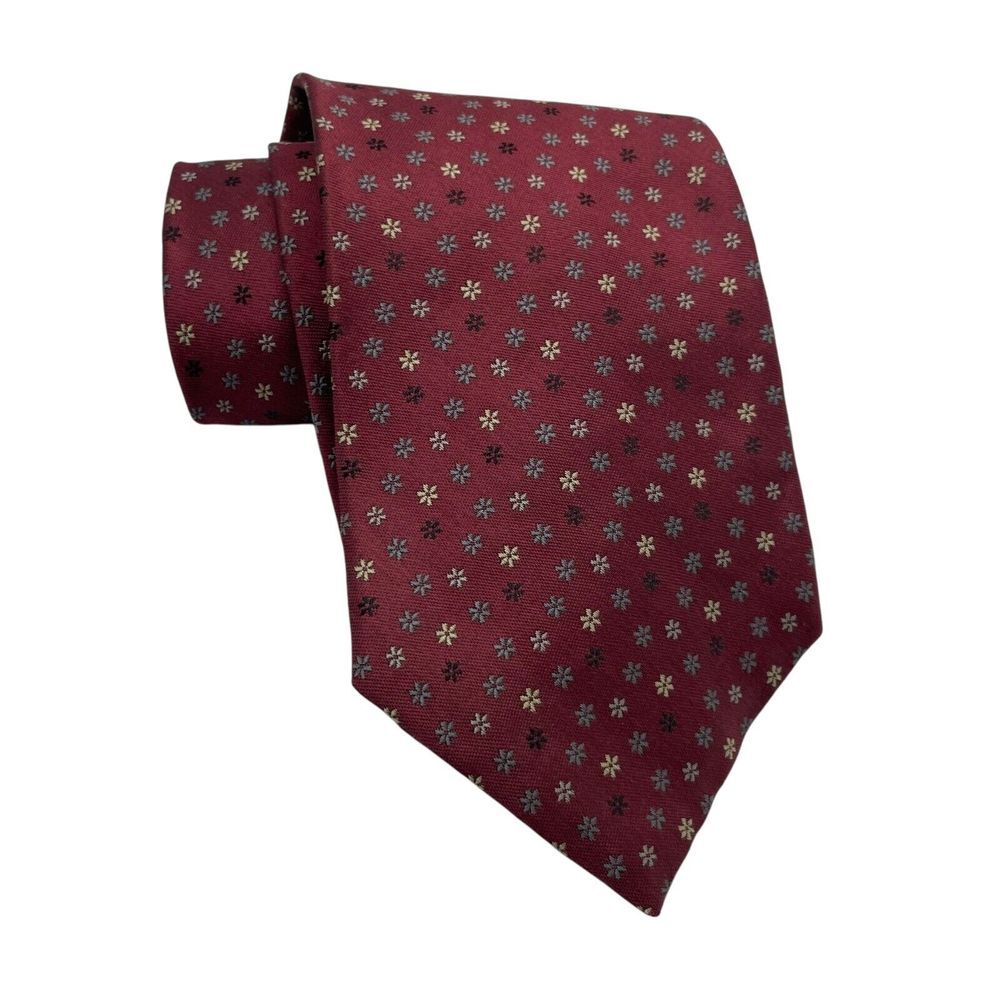 Geoffrey Beene Tie - Geometric Floral Maroon Red Silk Necktie - Men's Classic‎ - Picture 7 of 8